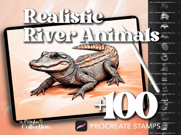 100 Procreate River Animal Realistic Stamp Set