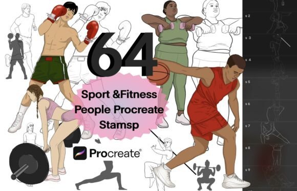 64 Sport People Procreate Stamps for Dynamic Fitness Design