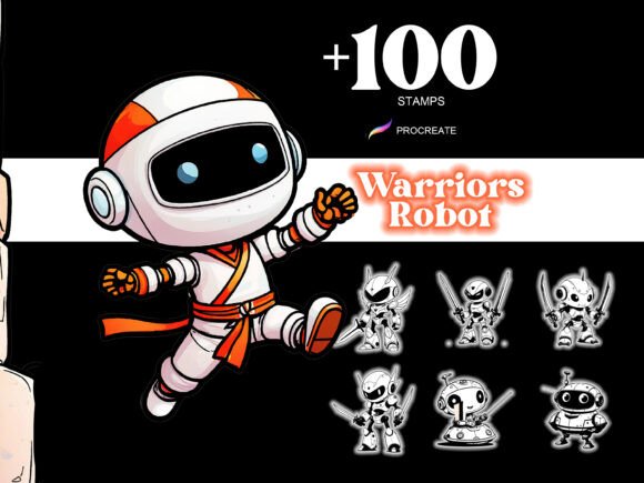 Unleash Your Creativity with the 100 Procreate Warriors Robot Cartoon Stamp Set